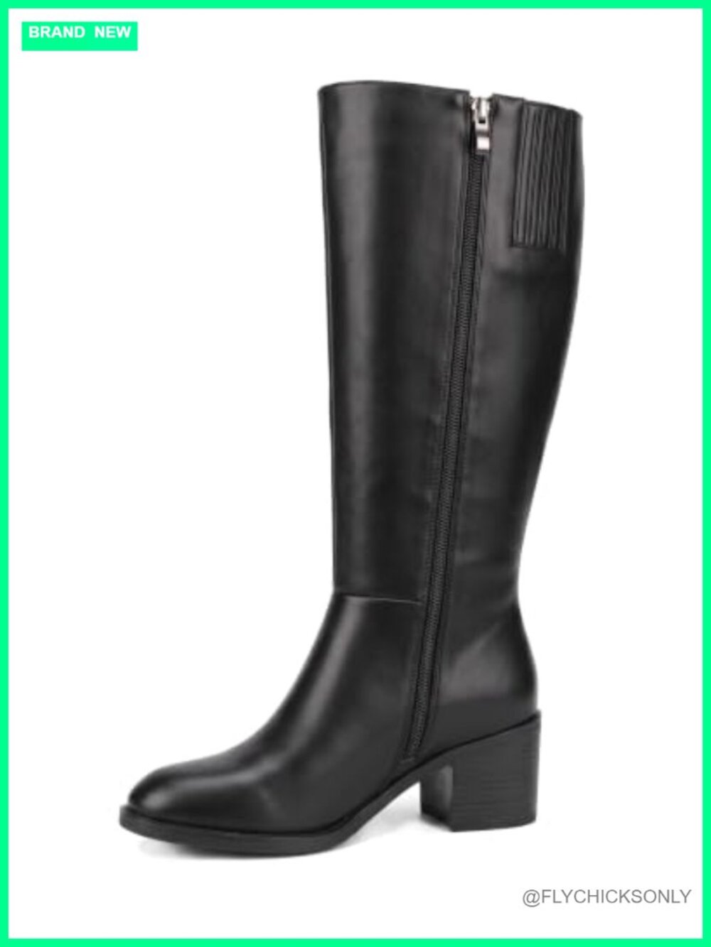 Wide Calf Knee High Boots Faux Leather Stretch Shaft Mid Heel Round Toe Zip